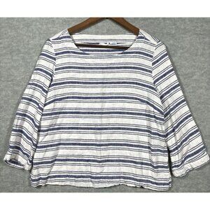 Sigrid Olsen Women’s Shirt Sz M Linen Rayon Blend Blue Stripe 3/4 Sleeve Beachy‎